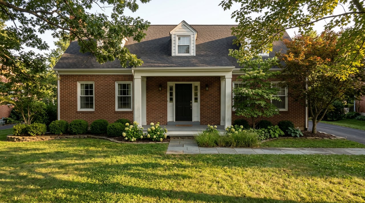 Two-story brick colonial with a white-columned porch, deep lawn, mature oak and red maple trees.