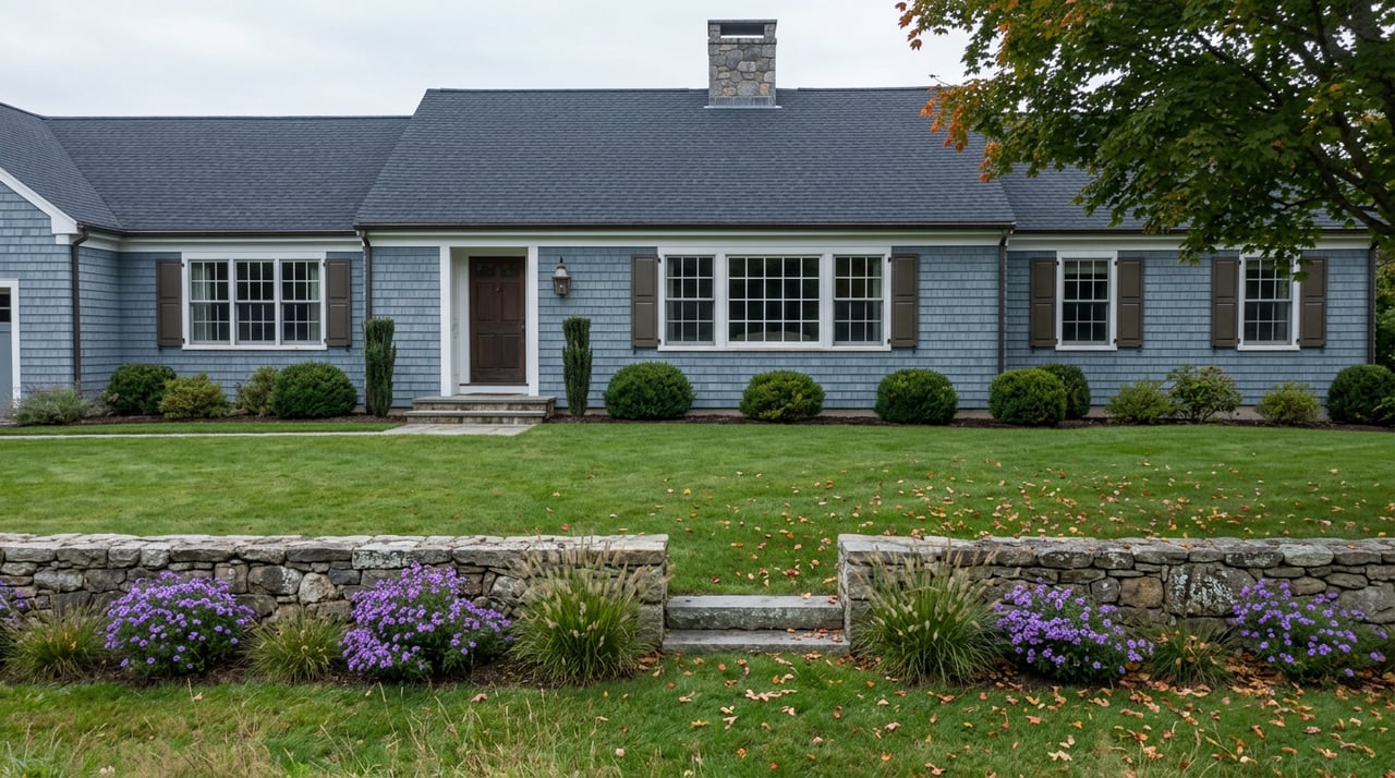 Blue-gray shingle house with stone chimney beyond a stone wall, meadow grasses, purple asters, and autumn maple leaves.