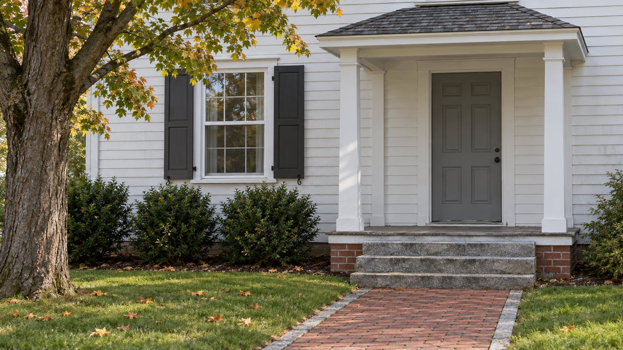 White clapboard house entry with granite steps, a brick walk, paired window shutters and a mature maple beside the lawn.
