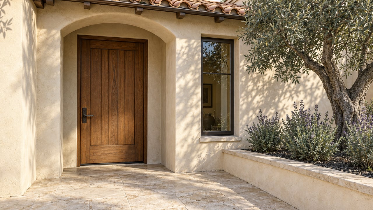 Weathered terracotta eave above an ivory stucco entry, oak door and limestone landing beside an olive tree and planted raised bed.