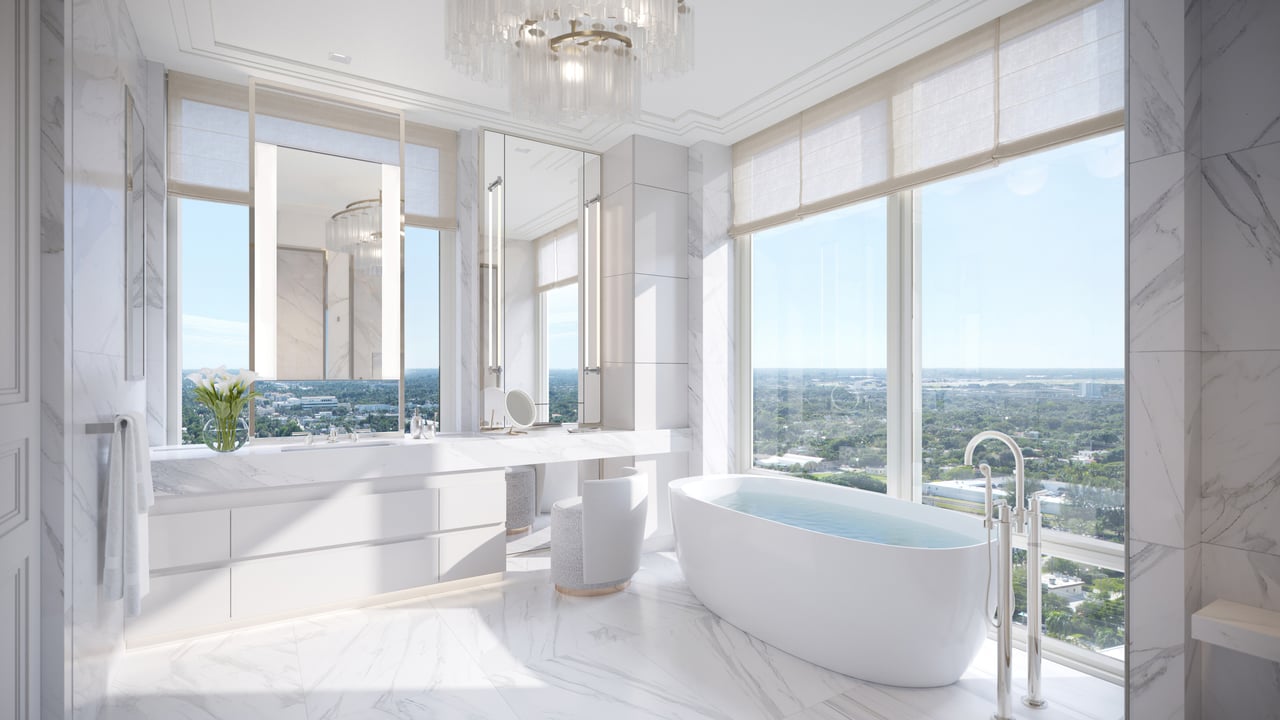 South Flagler House primary bathroom rendering in West Palm Beach.