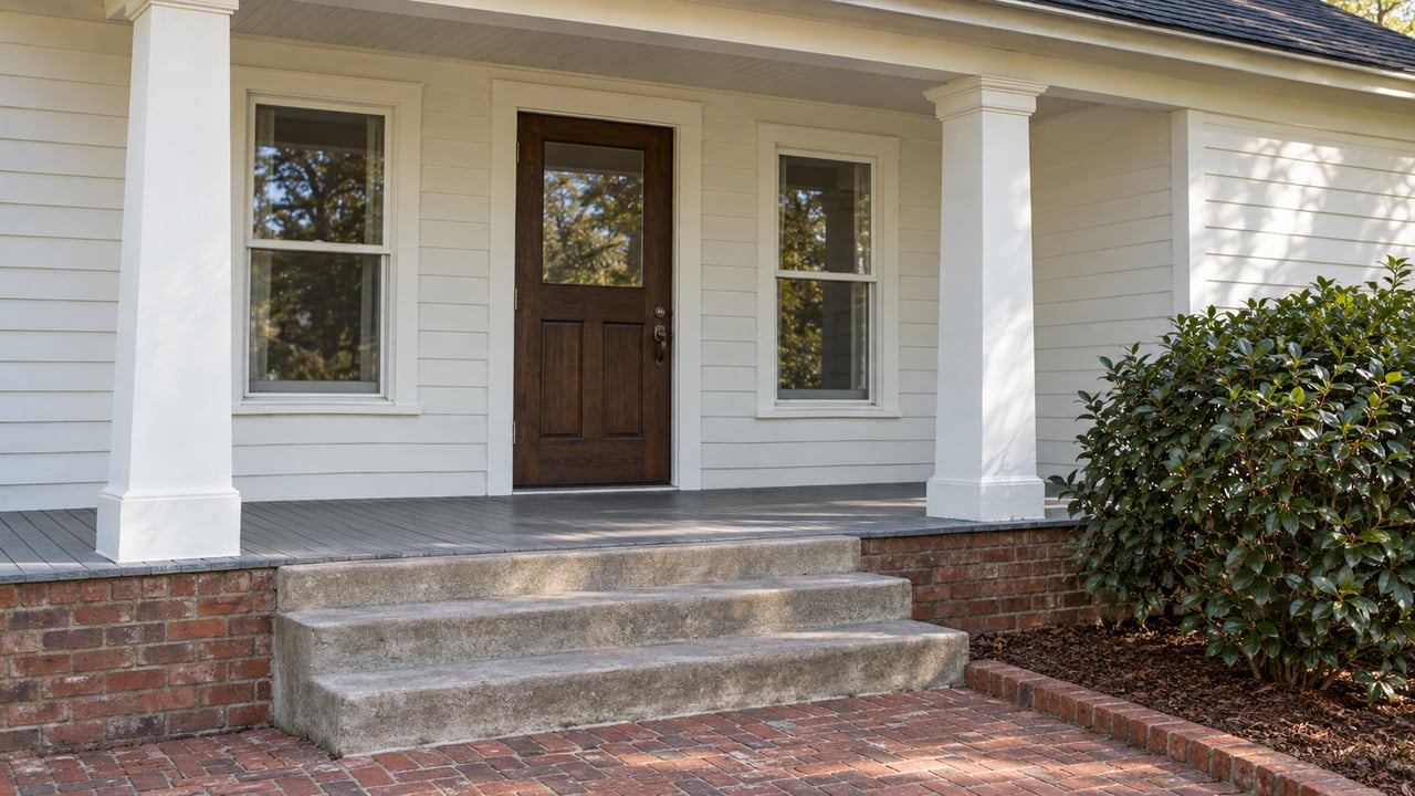 Warm-white clapboard bungalow entry with a dark wood door, paired sash windows, gray porch boards, concrete steps and a camellia beside a brick walk.
