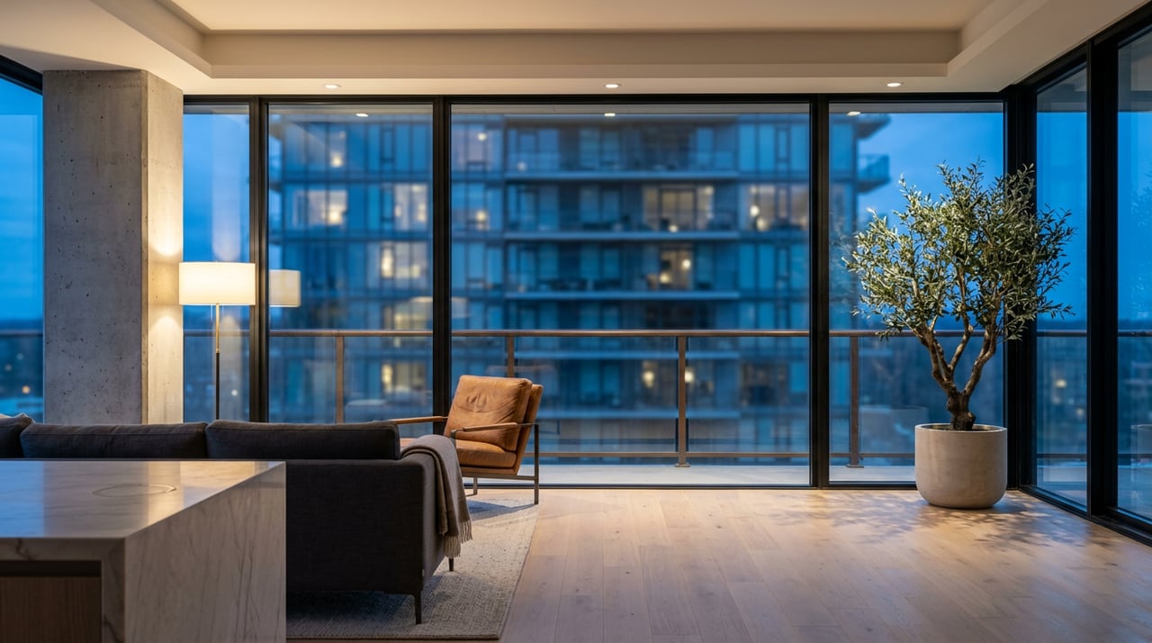 High-rise condo living room with a charcoal sofa, potted olive tree, and glass balcony wall at blue hour.