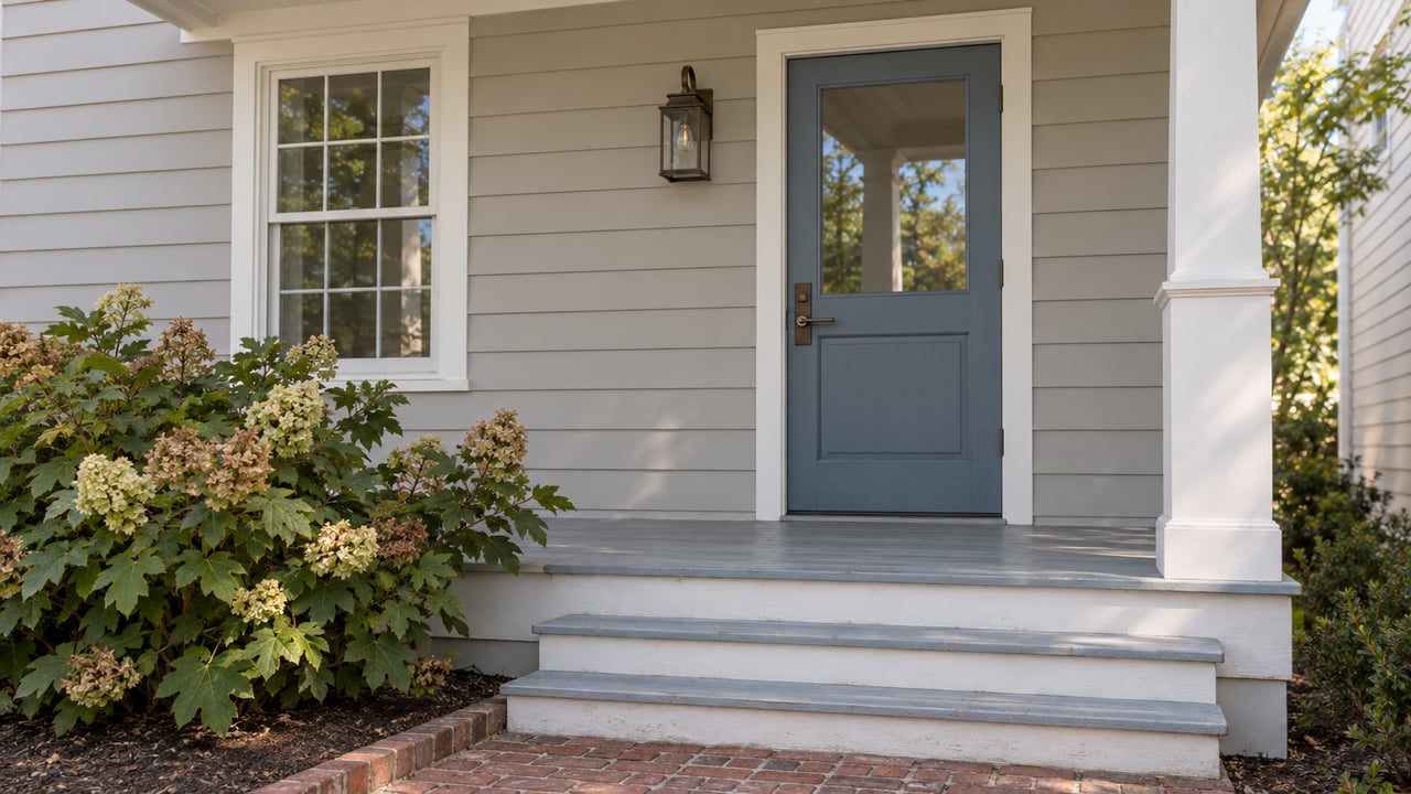 Pale gray-sided house with a muted blue entry door, white porch steps, and a hydrangea beside the brick approach.
