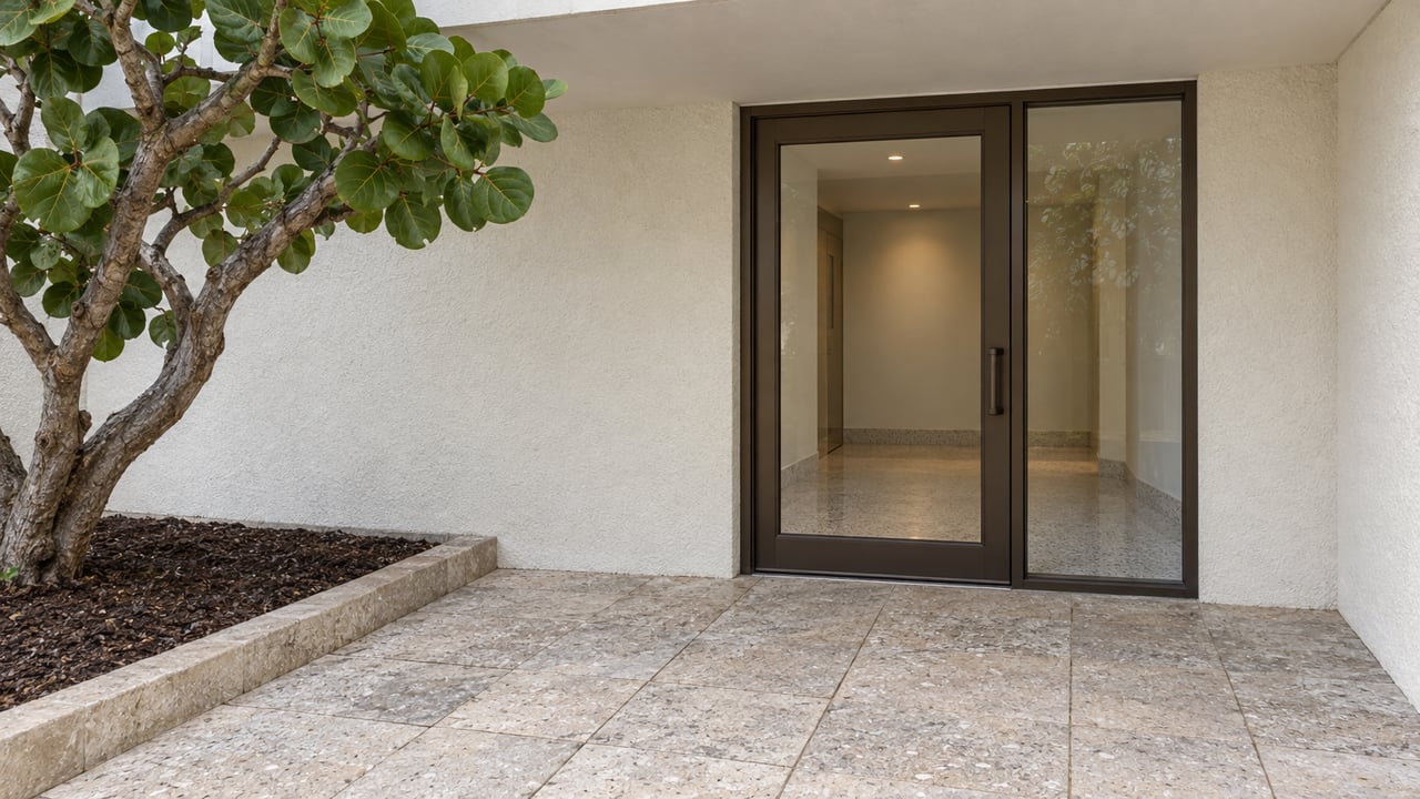Condominium entrance with a glazed bronze-framed door, pale stucco facade, paved approach, and broad-leaved tree.
