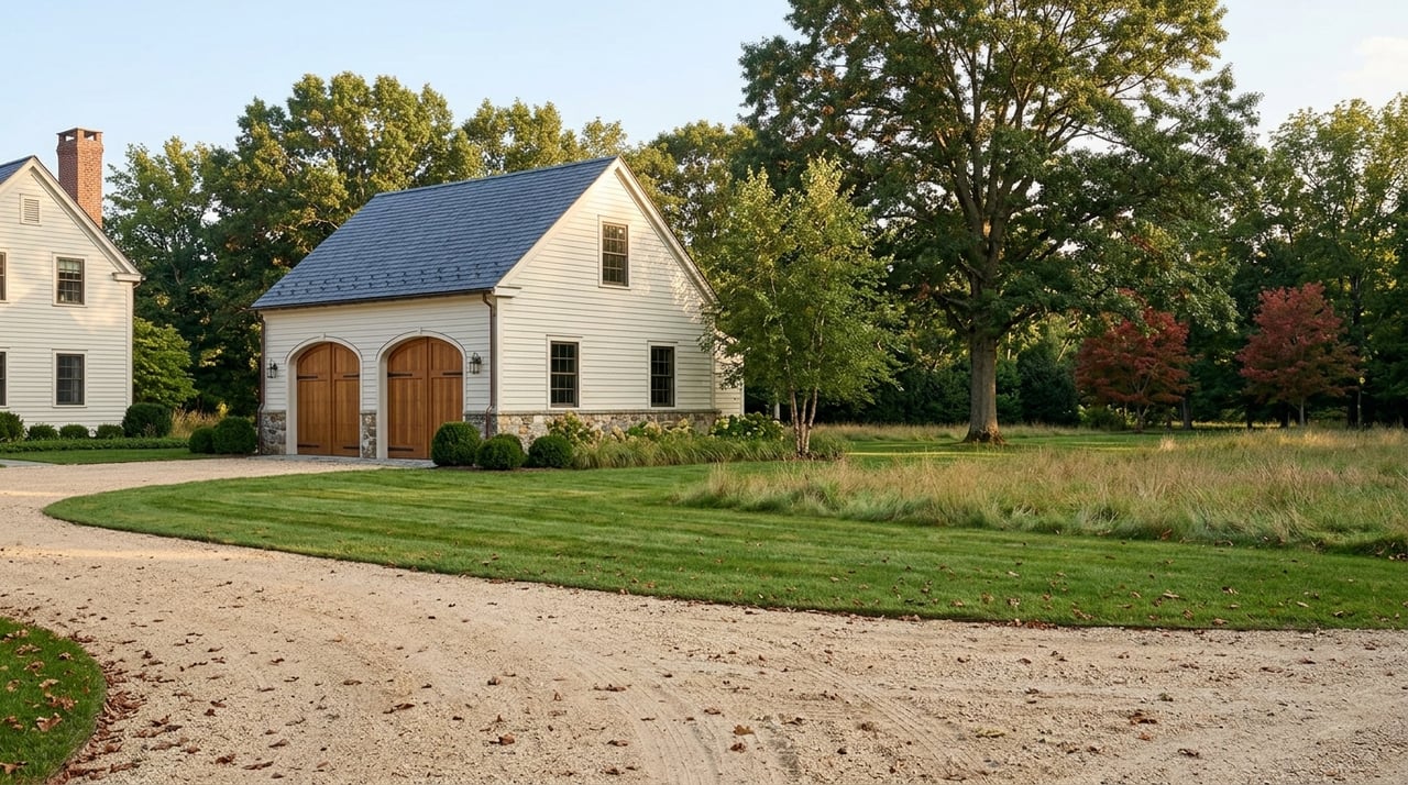 Carriage barn with clapboard siding, slate roof, and fieldstone base, bordered by meadow and trees.
