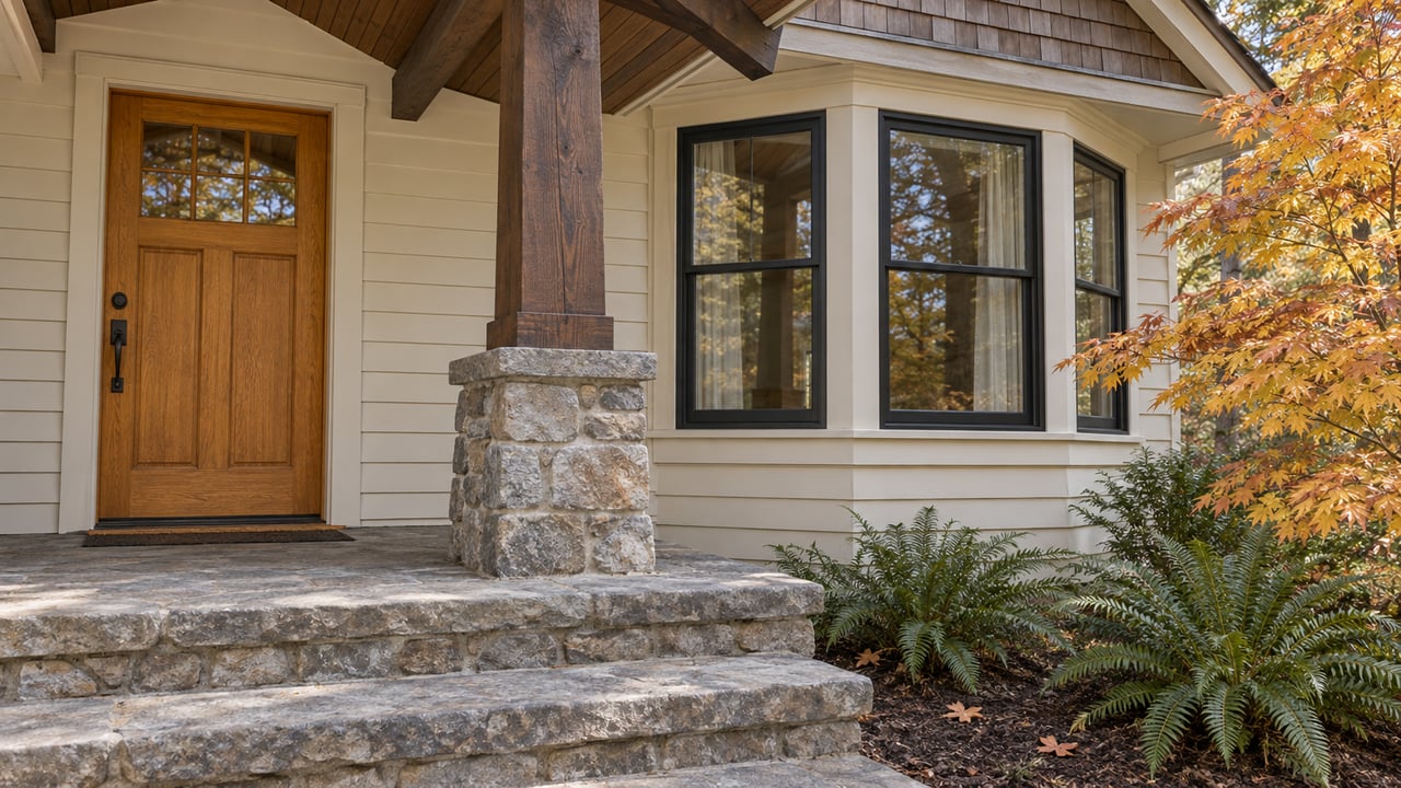A weathered timber porch and oak front door beside a black-framed bay window, with stone steps and autumn vine maple foliage.