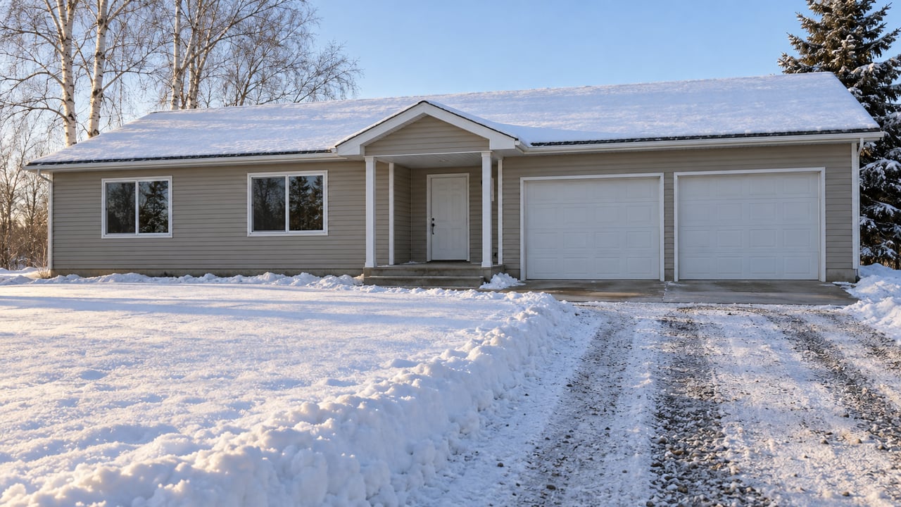 Single-story gray-beige ranch with an attached two-car garage, a compacted snowy driveway and a broad snow-covered front yard beneath bare birches.