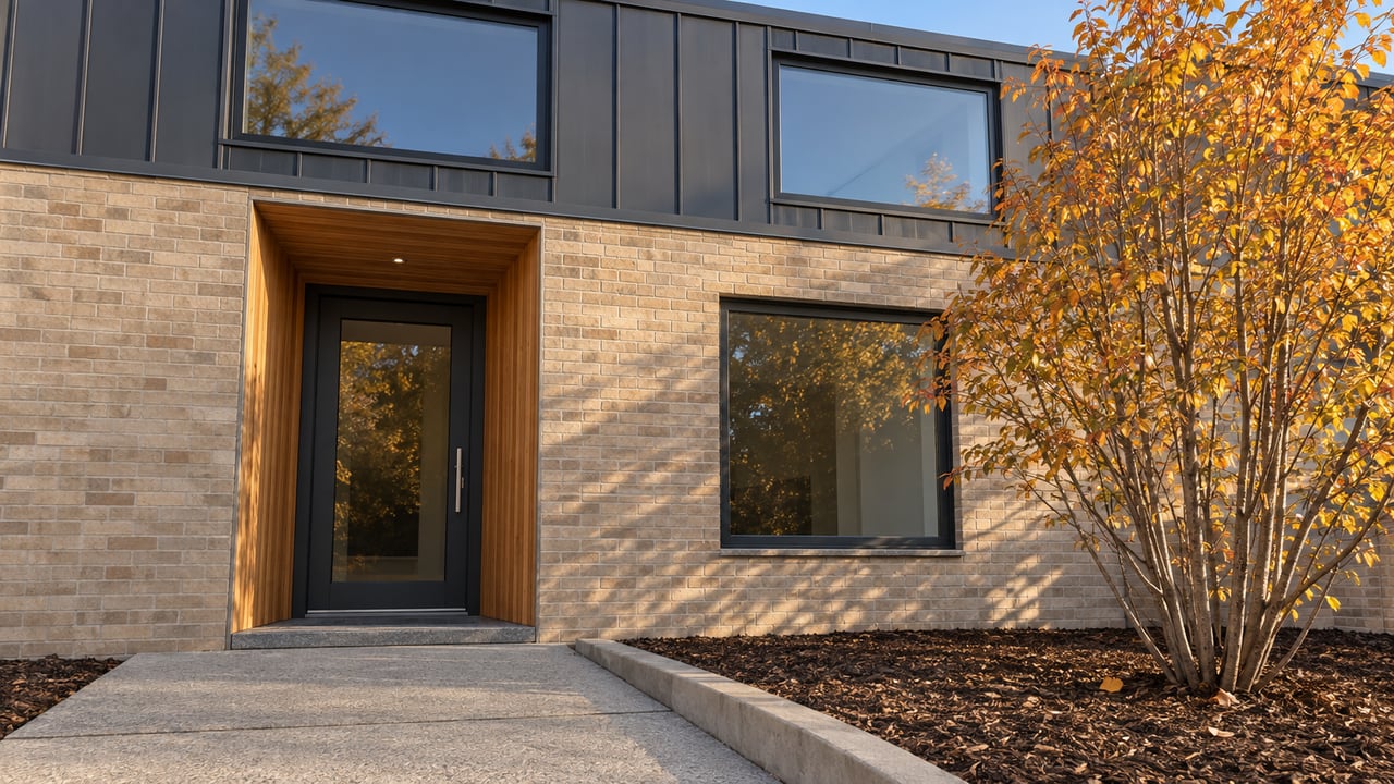 Contemporary home entrance with sand-colored brick, cedar recess, graphite window frames and an autumn serviceberry beside a concrete approach.