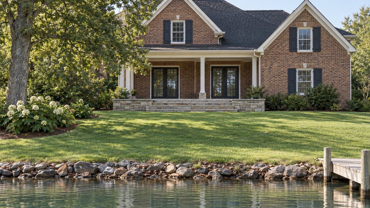 Brick house with two gables above a broad sloping lawn, stone terrace, rocky shore, and small dock.