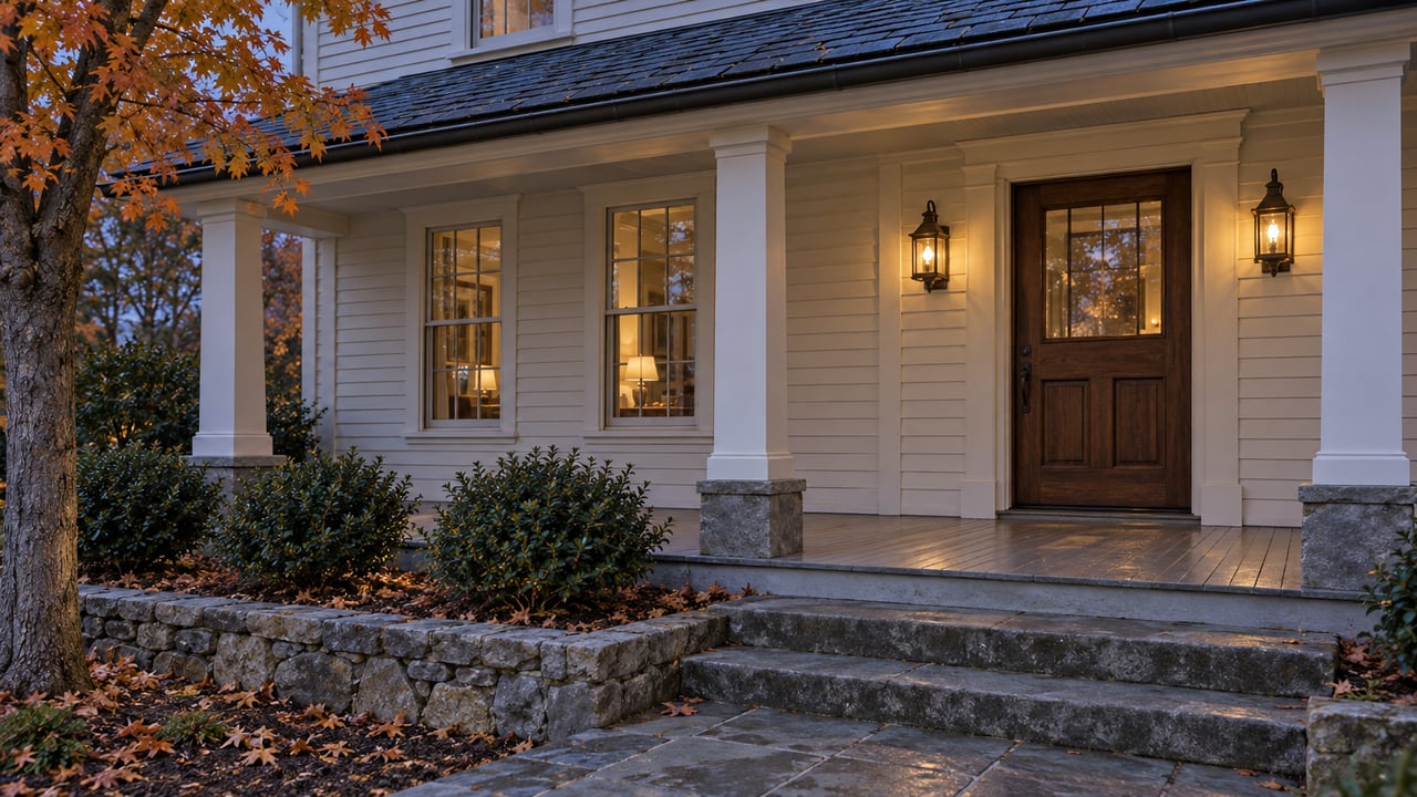 Cream clapboard home with a deep porch, glowing entry lanterns, weathered bluestone steps and orange maple leaves at twilight.