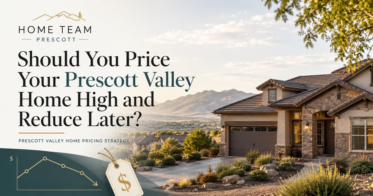 Prescott Valley home pricing strategy with house, mountains, and price reduction graphic.