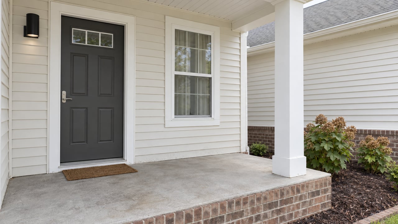 Covered entry porch with cream siding, a charcoal door, white trim, and a raised brick base beside oakleaf hydrangeas.