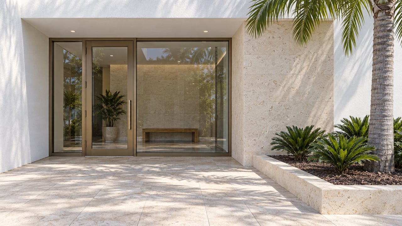 Sunlit white-stucco residential entrance with bronze-framed glass, pale limestone paving and a single specimen palm in a raised planting bed.