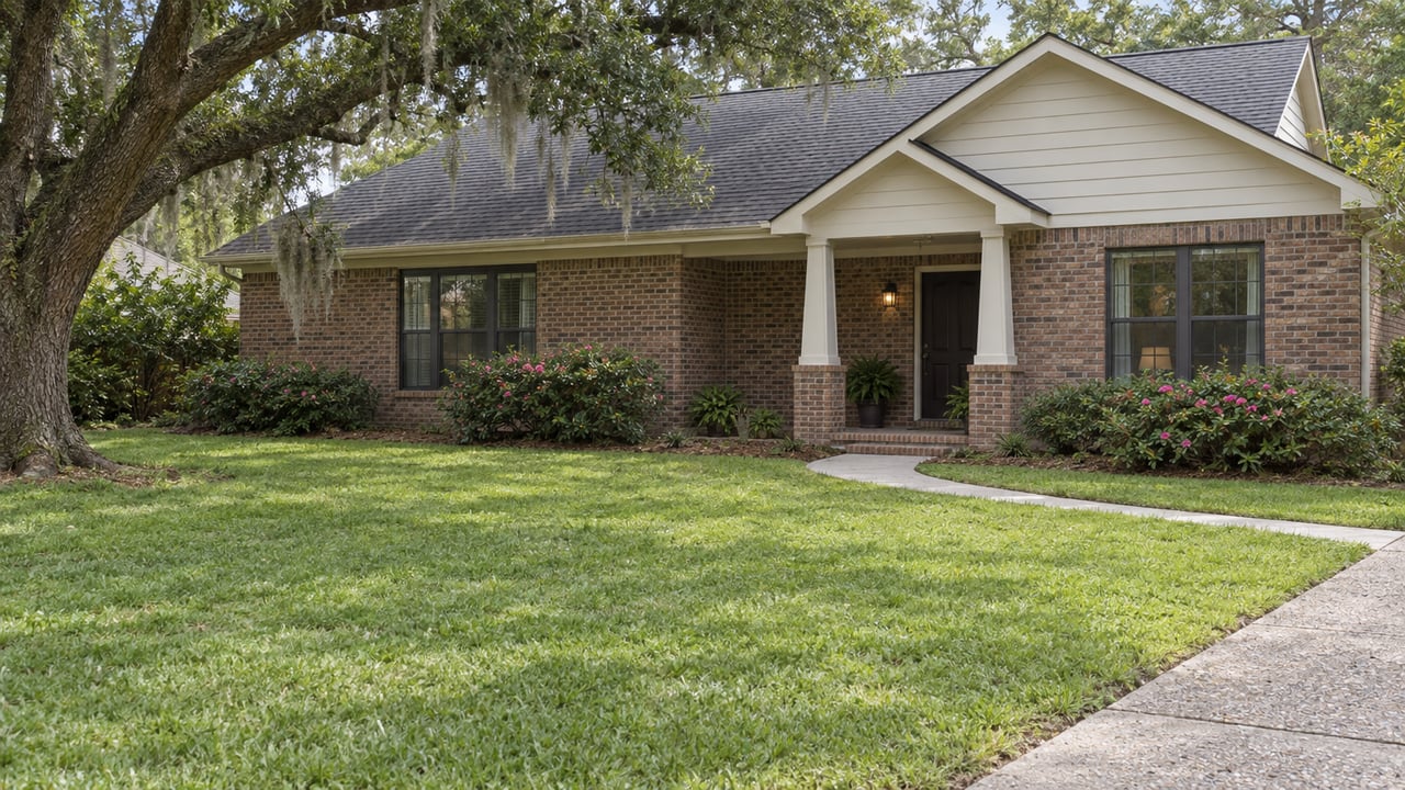Brick-and-siding house set behind a broad lawn, with a curved walkway and mature oak shading the yard.