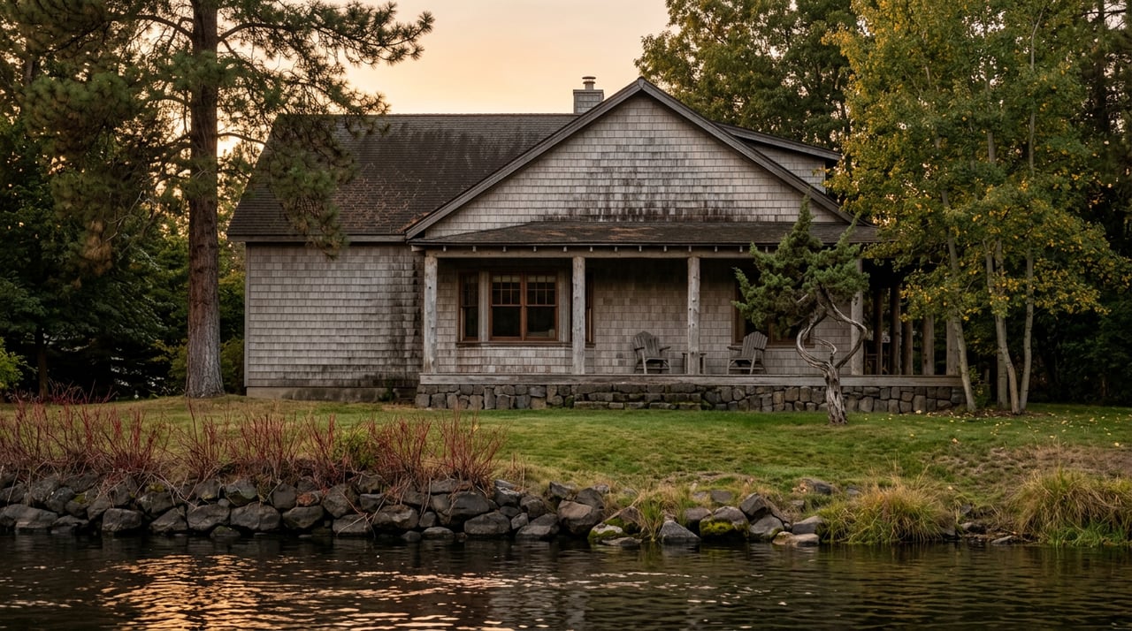 A silver-gray shingled riverside home with a covered porch, framed by pine and aspen above rippling water.