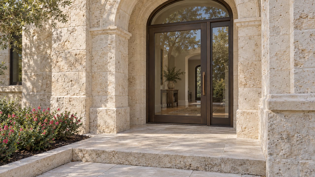 Pale limestone arched entrance with a bronze-framed glass door, worn stone landing and three flowering sage shrubs.