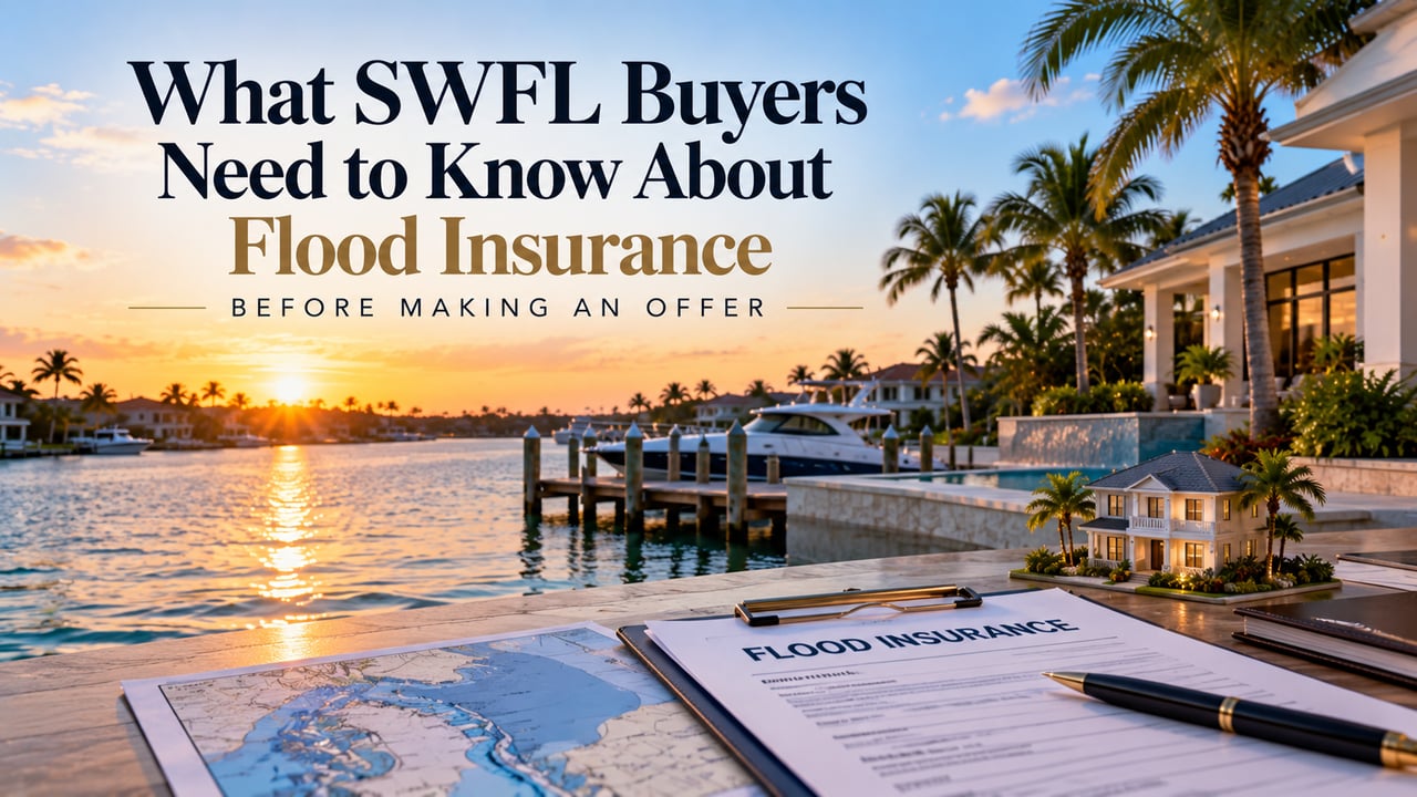 Southwest Florida waterfront home with flood insurance documents and flood zone map, highlighting flood insurance costs, FEMA zones, elevation certificates, and pre-offer due diligence for SWFL home buyers.
