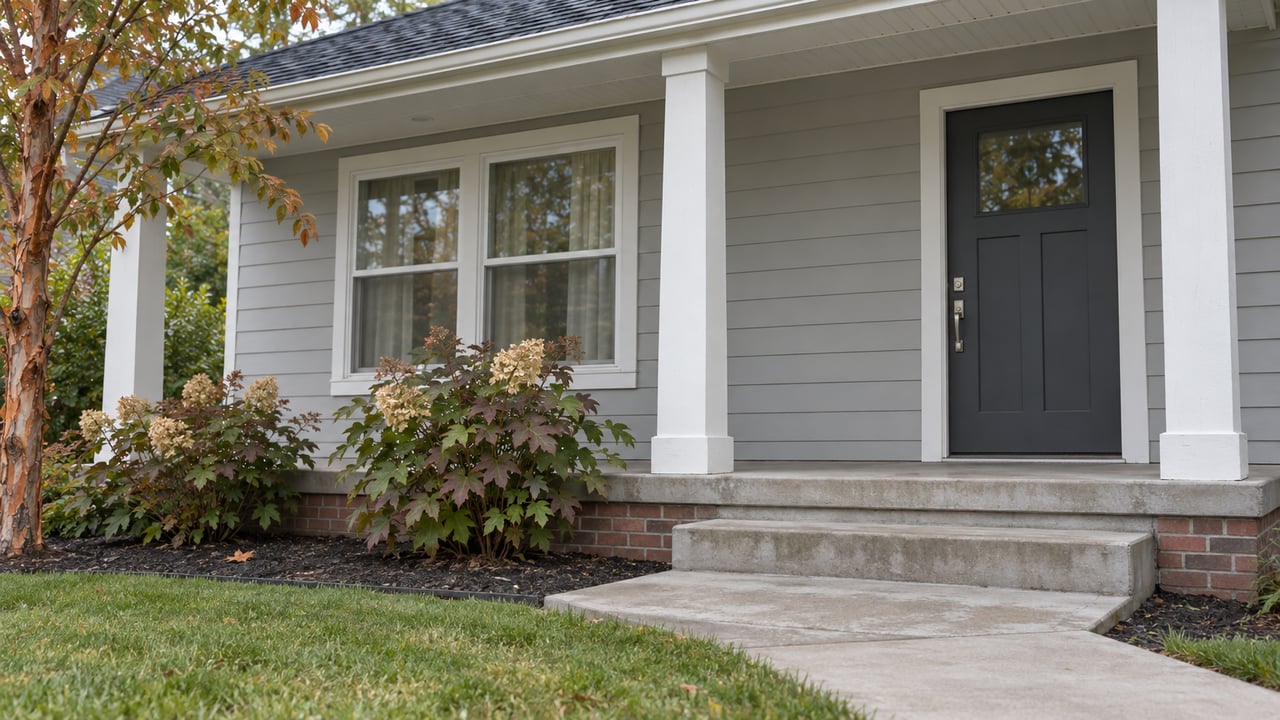 Light-gray home with a sheltered charcoal front door, paired white-framed window, concrete steps and autumn planting.
