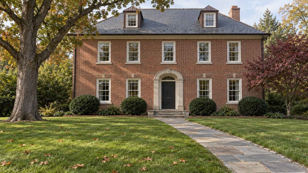 A substantial brick house with a slate roof, limestone entrance and deep autumn lawn beneath a mature oak.
