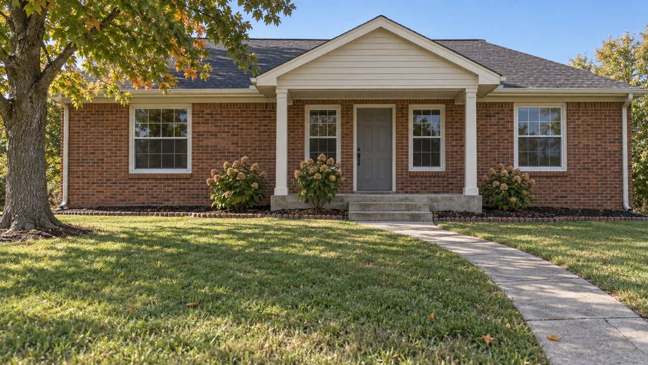Red-brown brick home with a cream porch, broad front lawn, curved concrete walk and a maple beginning to turn amber.