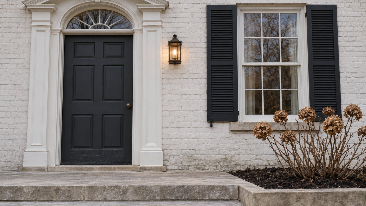 White-painted brick entrance with a charcoal door, arched fanlight, black shutters and a weathered limestone landing beside dried oakleaf hydrangea blooms.