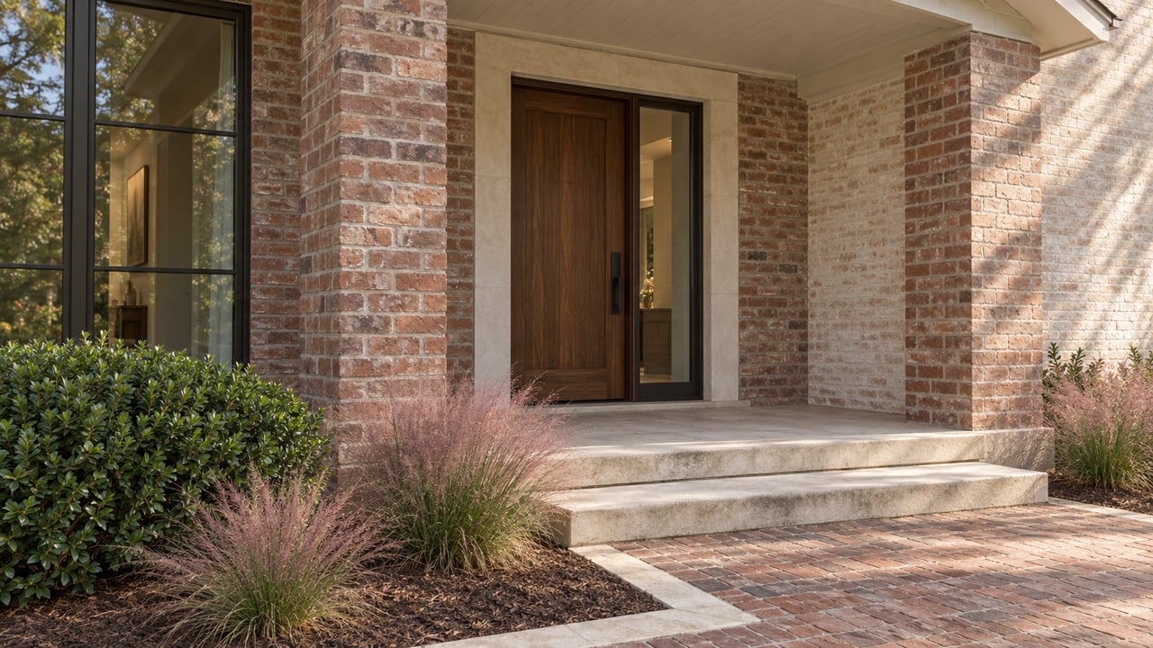 Recessed walnut entry with glazed sidelight, limestone steps, and brick piers beside clipped shrubs and grasses.