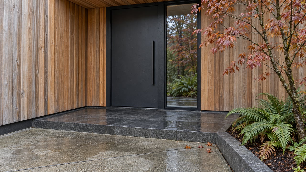 Rain-darkened concrete leads to a recessed charcoal door with cedar siding, basalt threshold and copper-red maple foliage.
