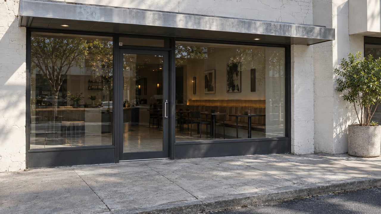 Compact glazed storefront with a closed glass door, concrete planter, and broad sidewalk.