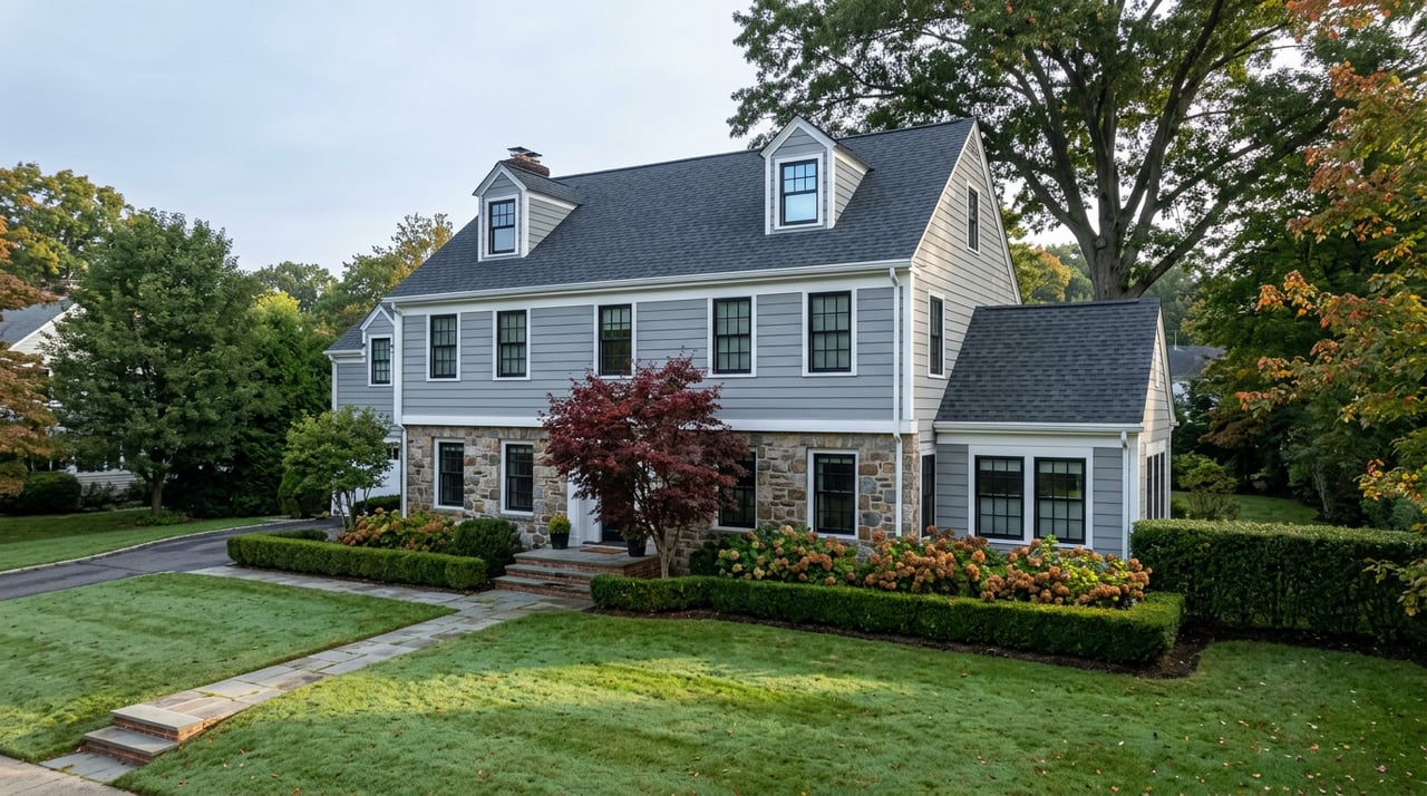 Two-and-a-half-story dove-gray home with stone foundation, roof dormers, mature oak, red Japanese maple, and lawn.