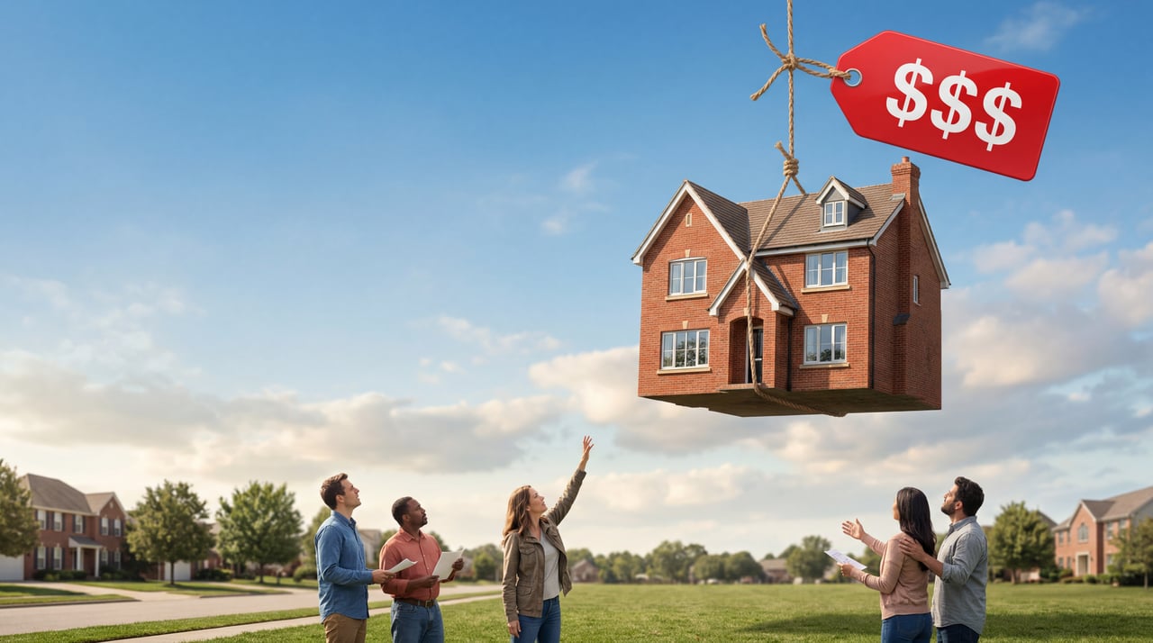 Brick house floating up with a red $$$ price tag while homebuyers reach up, a Houston home pricing strategy concept