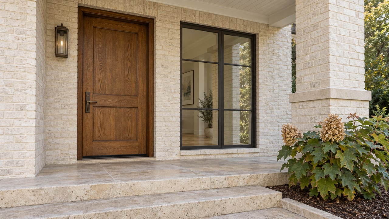 Covered ivory-brick entry with an oak door, tall charcoal-framed window, worn limestone steps and an oakleaf hydrangea.