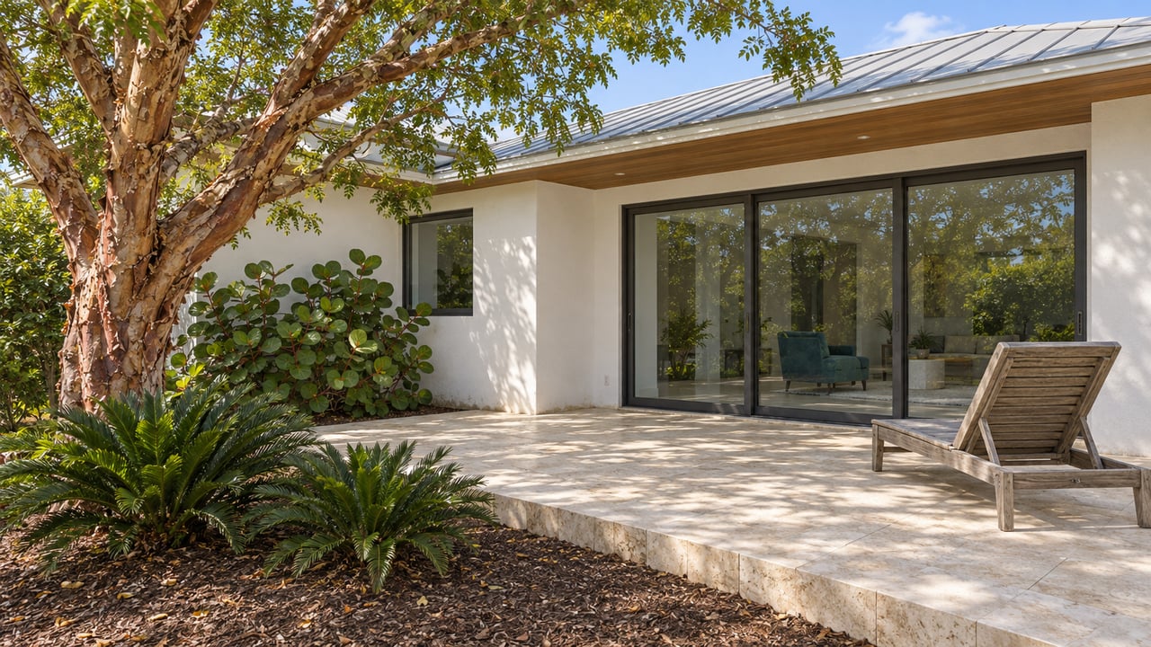 Sunlit white home with closed glass doors, a limestone garden terrace, a weathered teak lounge chair and a copper-barked specimen tree.