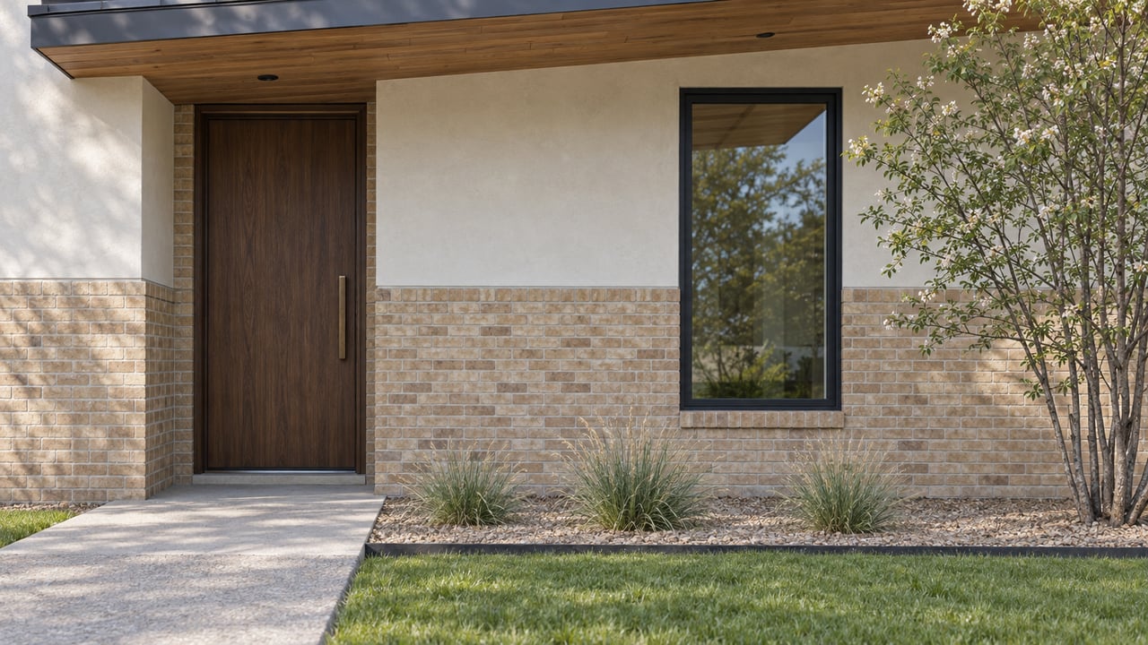 Detached house entry with a dark walnut door, buff brick, tall black-framed window, and lawn-side planting.