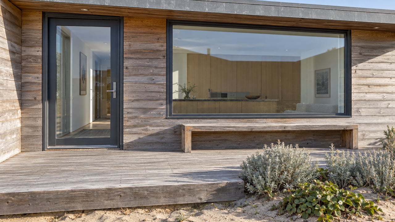 Weathered cedar entry with charcoal-framed glass, a teak bench and silver dune sage beside a raised timber terrace.