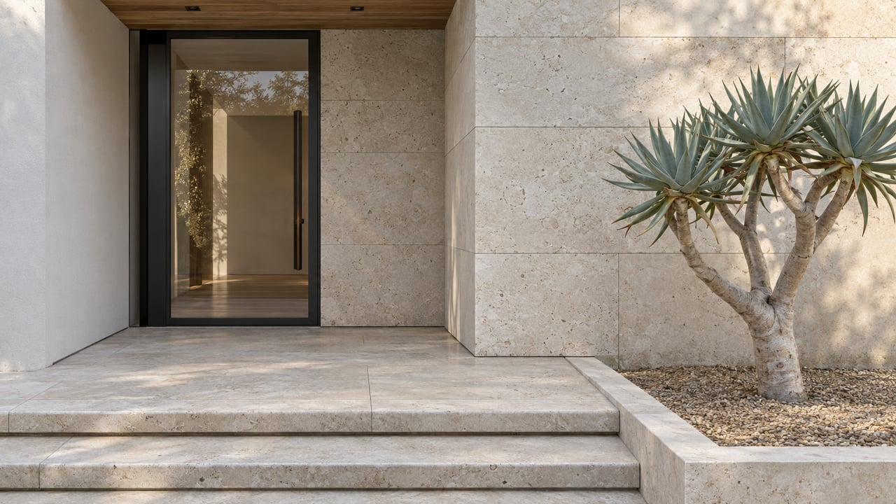 Sunlit limestone entry with a black-framed glass door, oak soffit and one branching sculptural aloe beside the landing.