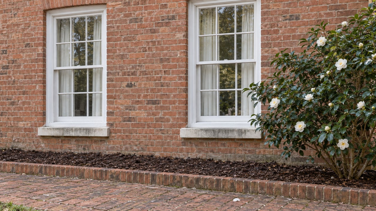 White-painted sash windows in weathered brick above a bordered garden bed with an ivory-flowering camellia and a clay-paver walk.