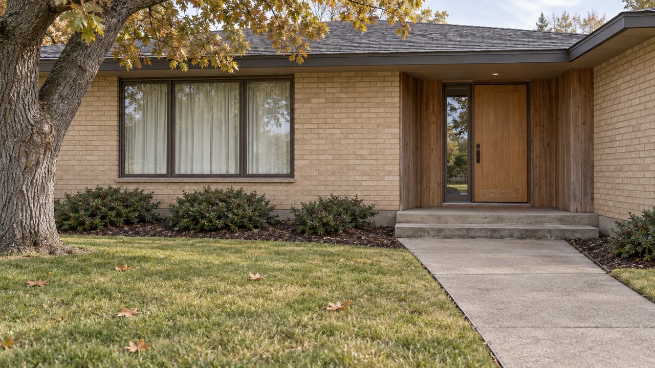 Brick-and-cedar home with a recessed oak entry, broad concrete steps, autumn oak canopy and a spacious lawn.