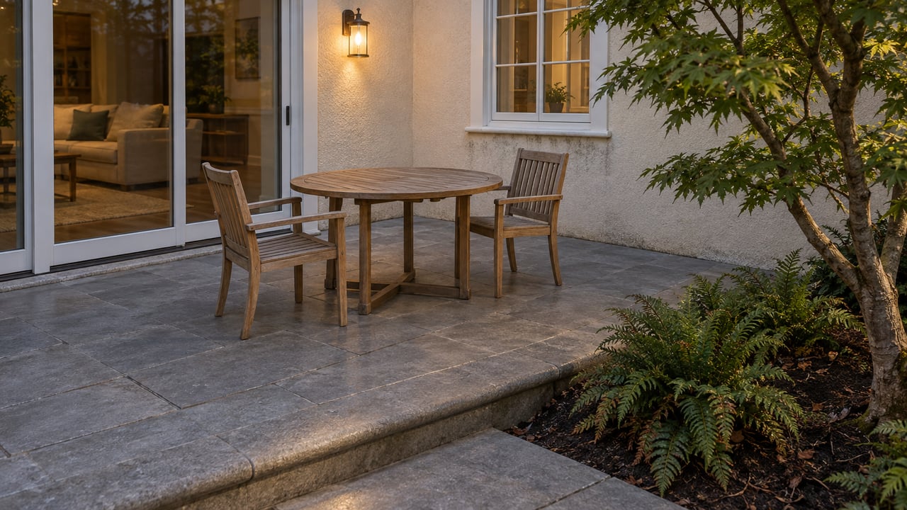 Stone patio with a weathered teak table and two chairs beside a cream stucco home, framed by a Japanese maple and sword ferns.