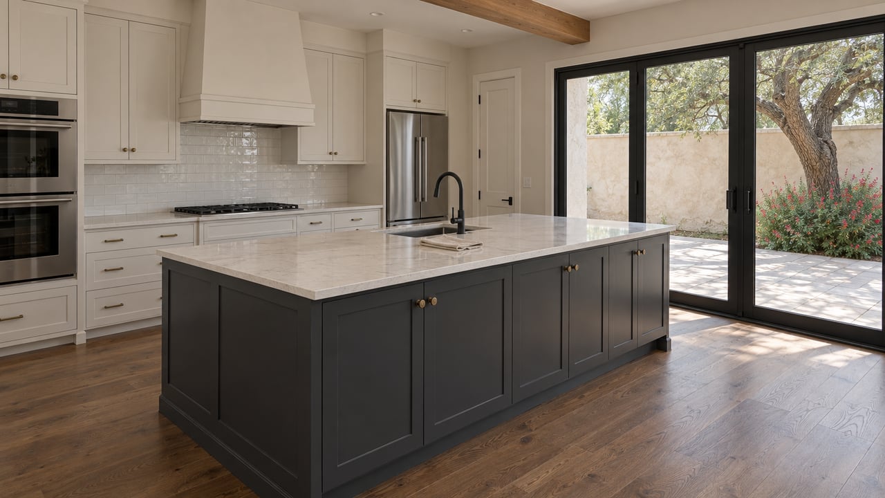 Spacious kitchen with a charcoal island, off-white cabinets, and black-framed patio doors overlooking a limestone patio.