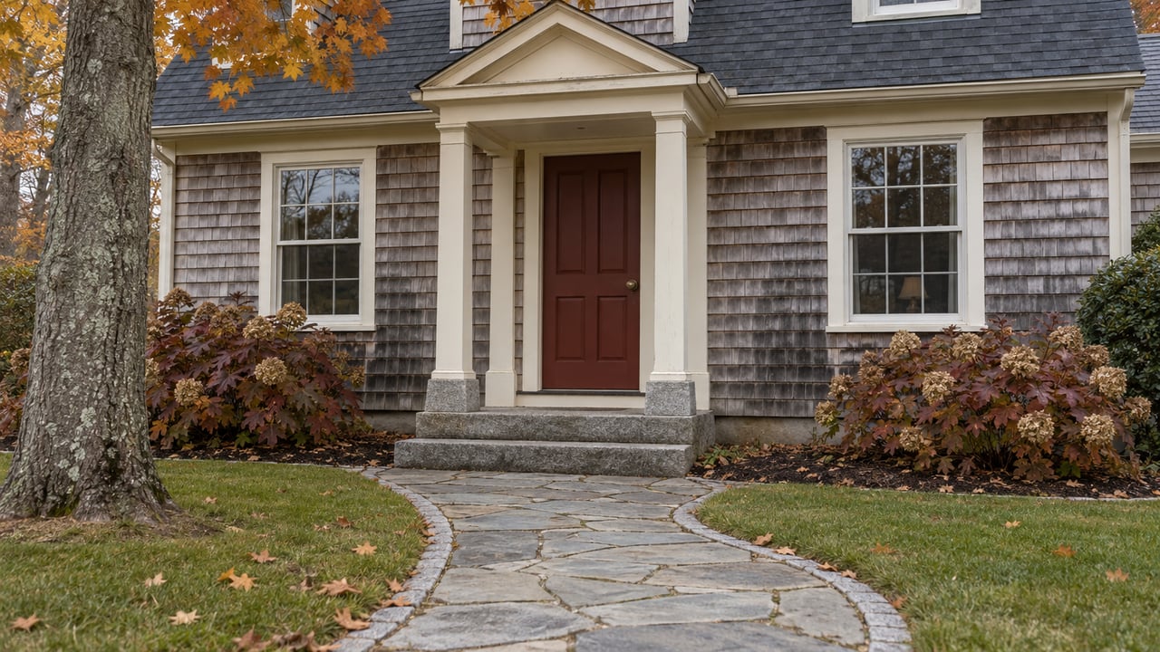 Cedar-shingle home with an oxblood door, ivory portico, granite steps and autumn planting in soft daylight.