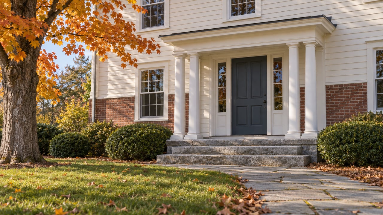 Cream clapboard home with a dark blue-gray door, granite steps, flagstone walk, and orange maple leaves.