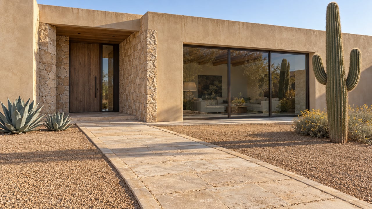 Warm stucco and stone custom-home entry across a broad gravel court, with a mature saguaro and limestone approach.