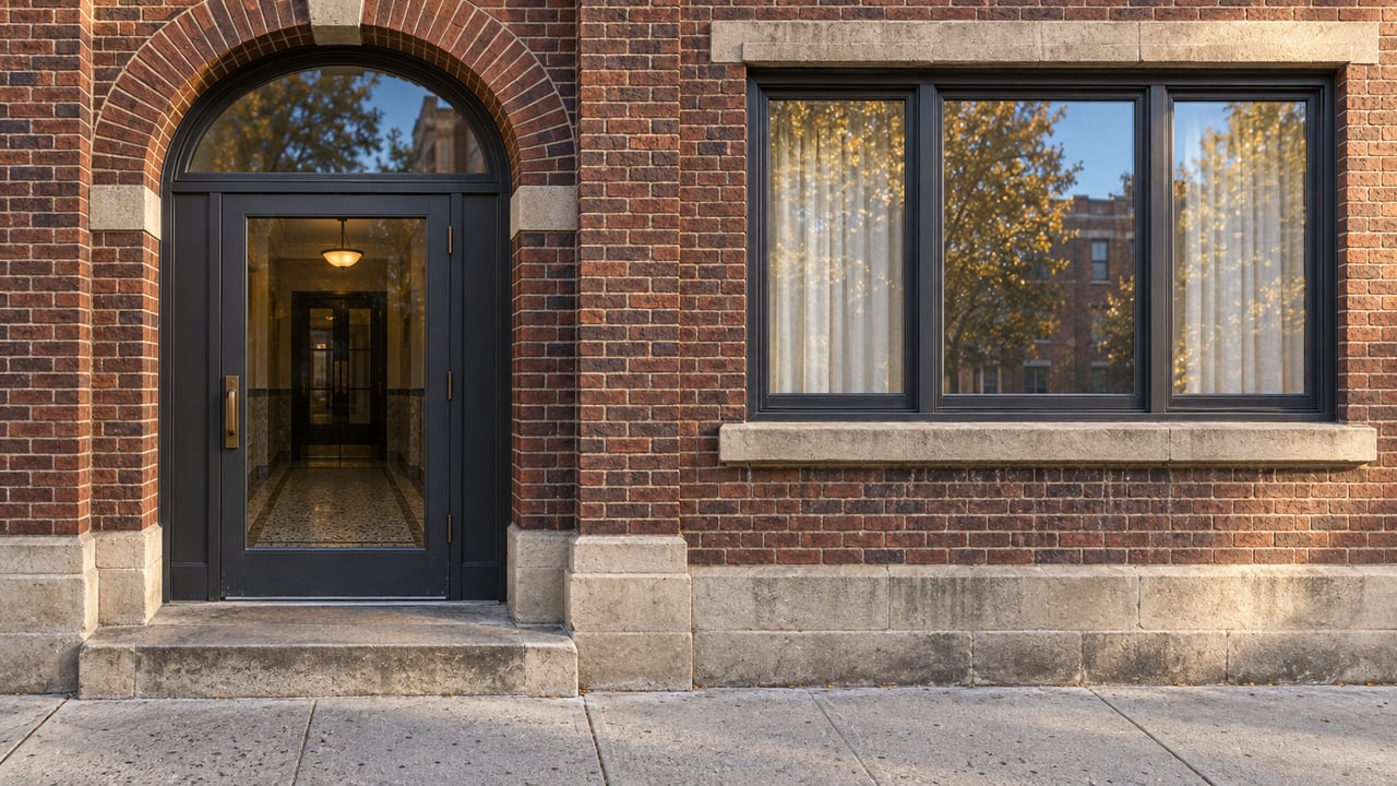 Red-brown brick residential entrance with an arched transom, dark-framed window and worn limestone landing in afternoon light.