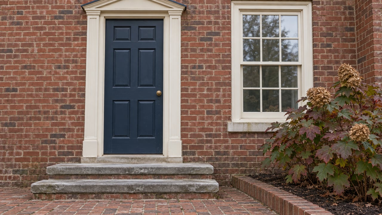 A traditional red-brick home's blue paneled front door, divided-pane window and worn stone stoop beside burgundy oakleaf hydrangea.