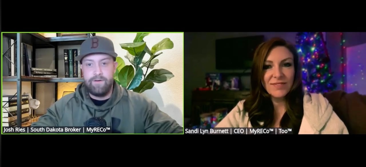 Josh Ries, South Dakota managing broker at MyRECo, interviews Sandi Lyn Burnett, CEO of MyRECo, during a live video conversation about the brokerage model and agent support.