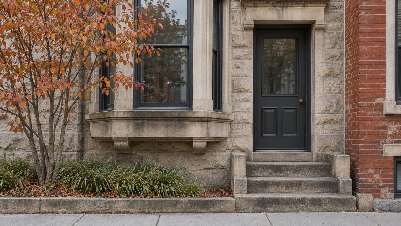 Attached limestone townhouse entrance with charcoal door, worn steps, and copper-leaved tree beside red brick.