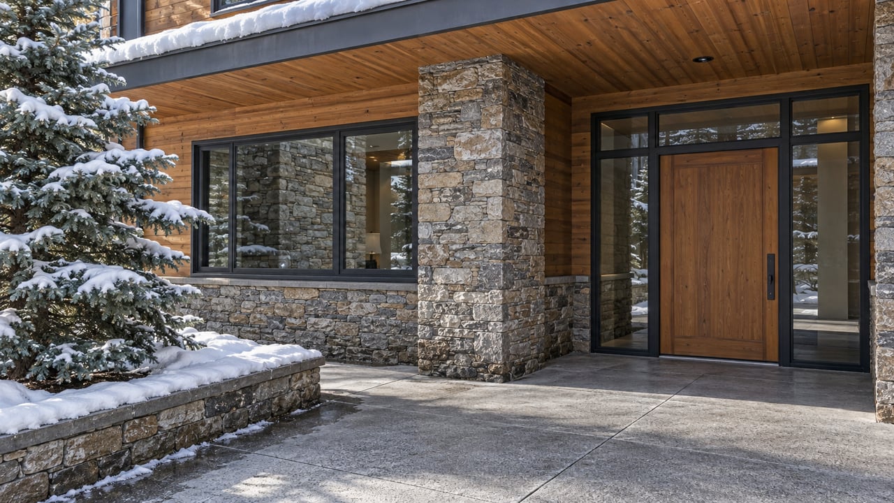 Winter sunlight on a wood-and-stone residential entrance, with cleared paving and snow resting beside a blue spruce.