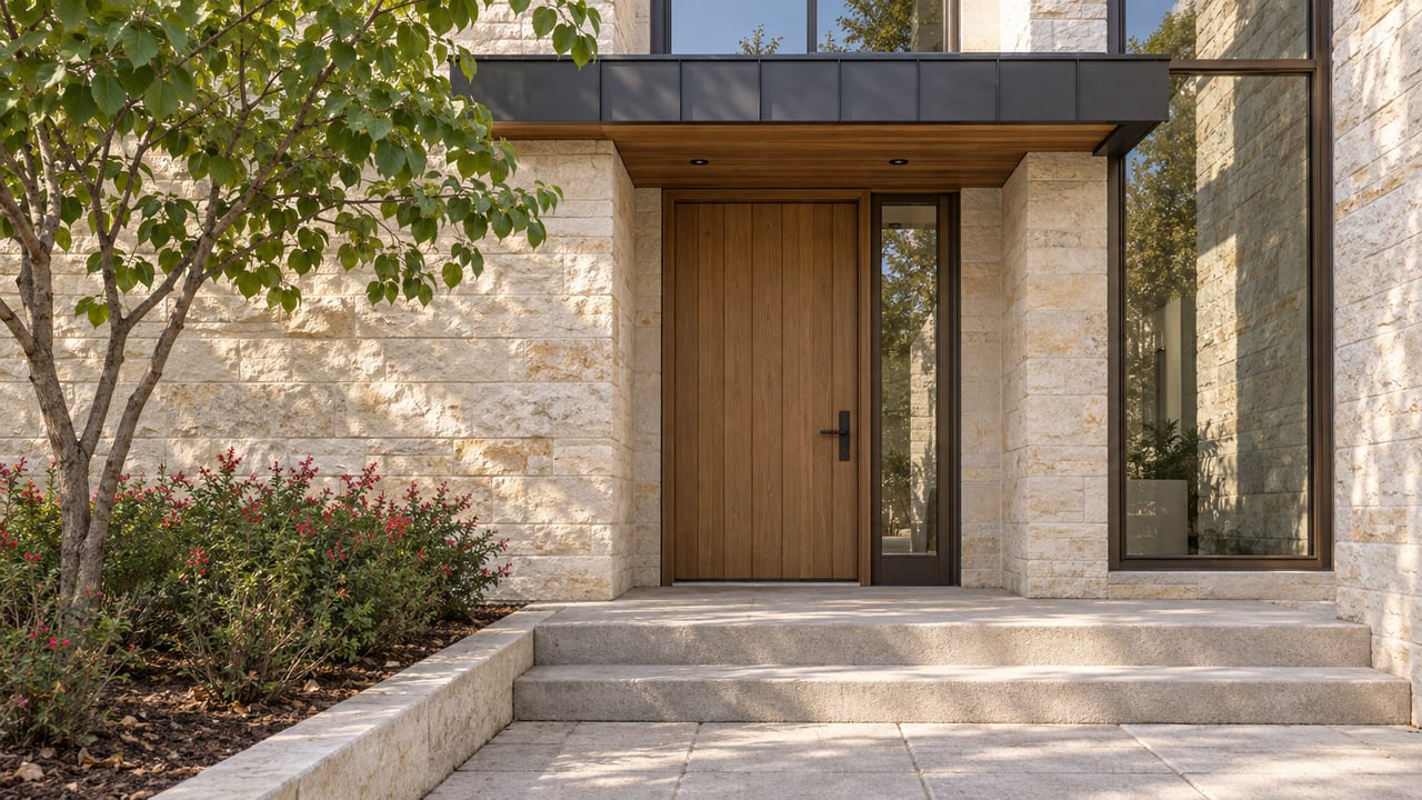 Limestone townhouse entrance with an oak door, bronze-framed glazing, cedar-lined metal canopy and a small planted bed.