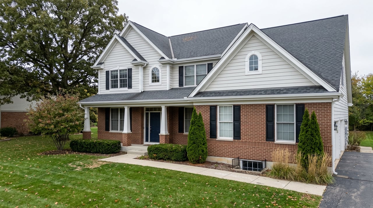 Two-story house with light siding, brick lower walls, navy door, columned porch, and oak tree beside a lawn and walkway.